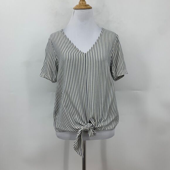 Madewell Novel Tie Front Shirt Womens XS Extra Small Stripe V Neck Short Sleeve - Picture 2 of 14